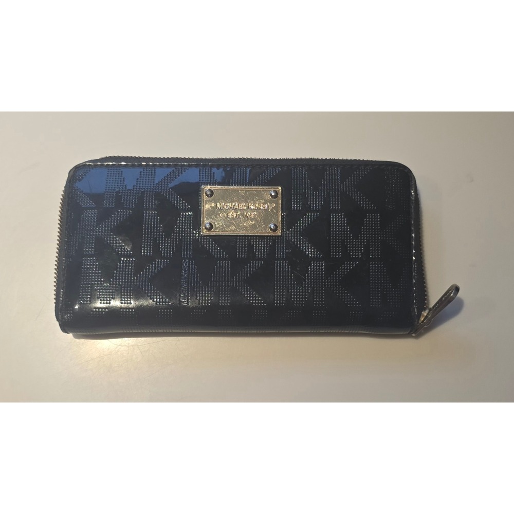 Michael Kors Black Patent Monogram Zip Around Continental Wallet Gold Hardware
